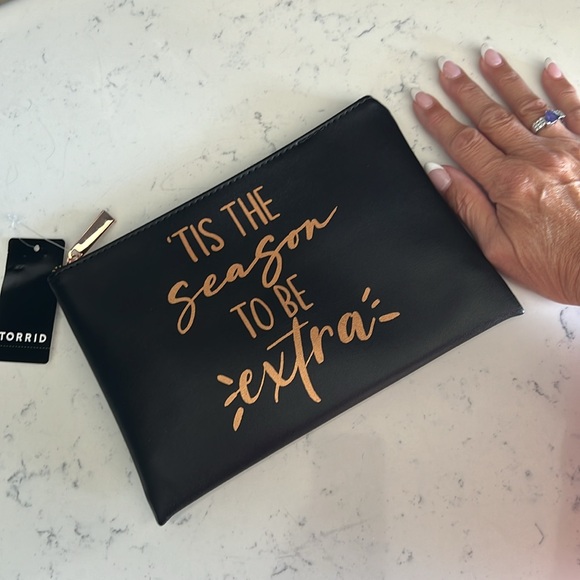 Torrid ‘Tis The Season TO BE Extra’ Black & Rose Gold Poach Rose Gold Zipper - Picture 7 of 8